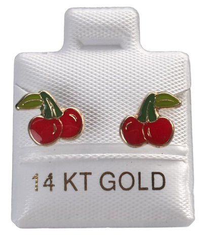 14K Gold Cherry Stud Earrings 10mm